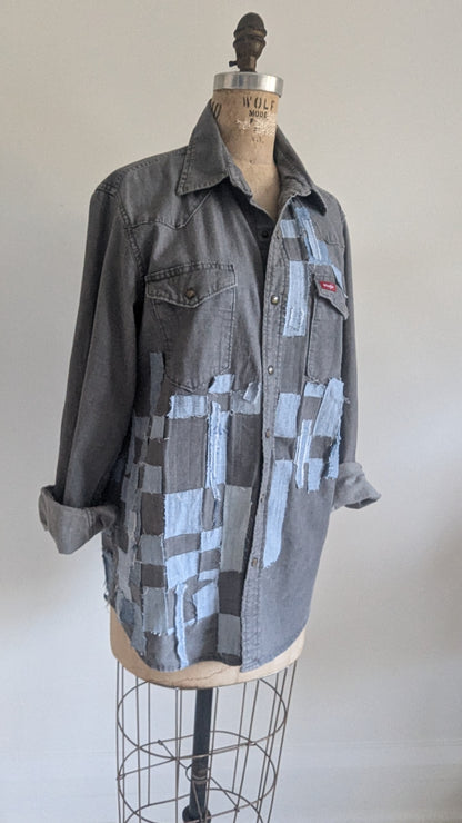 Upcycled Wrangler Grey Denim Shirt with Woven frayed Denim & Topstitching Size M/L #DEN7