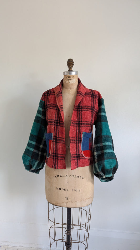 Vivianne Cropped Jacket with Upcycled Vintage Wool Blanket Patchwork Size S/M #VIVW11