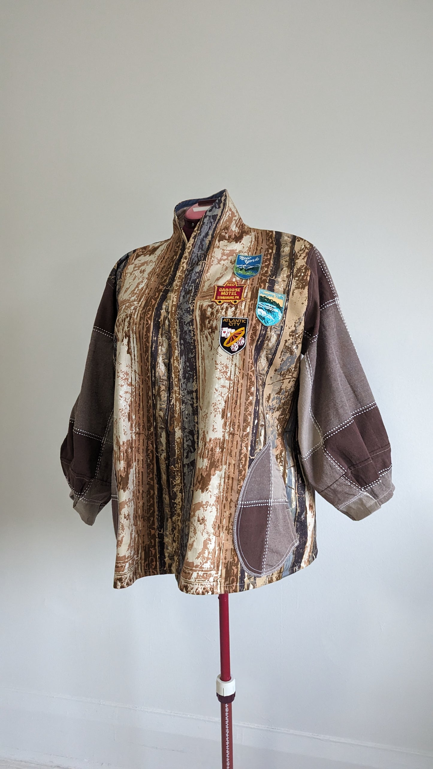 Vivianne Blazer with Upcycled Lightweight Drapery & Vintage Souvenir Travel Patches Size 2X/3X #VIVC6