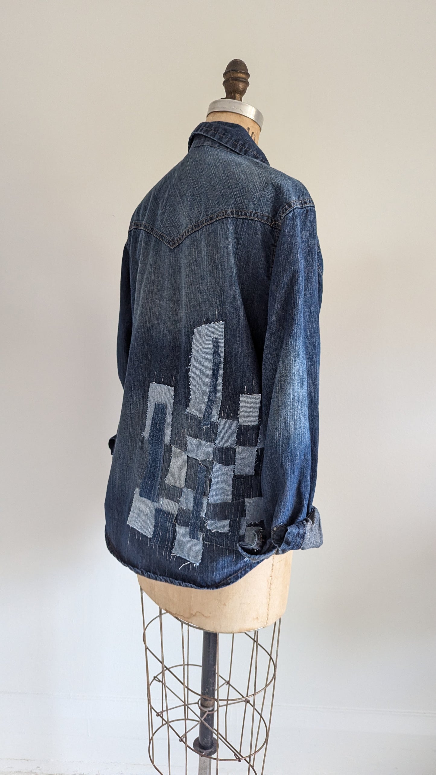 Upcycled Jean Shirt with Woven frayed Denim & Topstitching Size M/L #DEN5