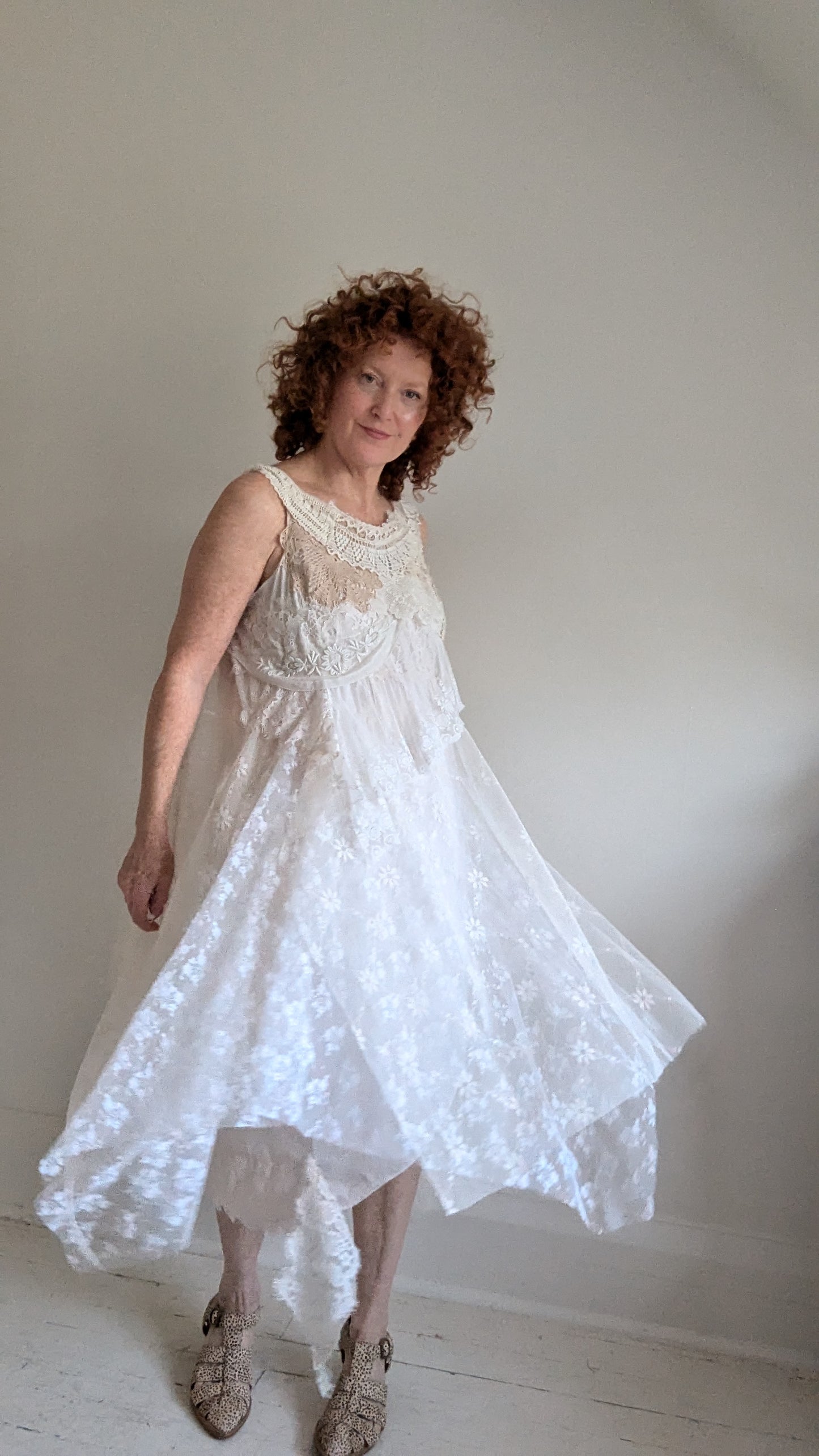 Upcycled Slip Dress with Draped Vintage Lace & Trims Size L/XL #LACE1