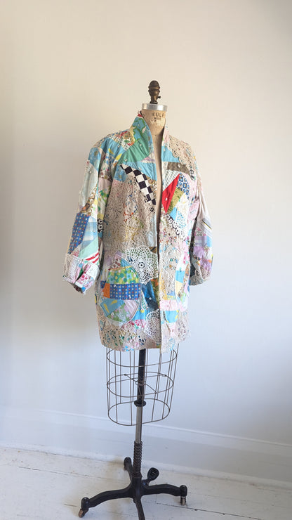 Vivianne Jacket Upcycled Antique Handmade Quilt with Doily Overlay Size S/M #VIVQ17