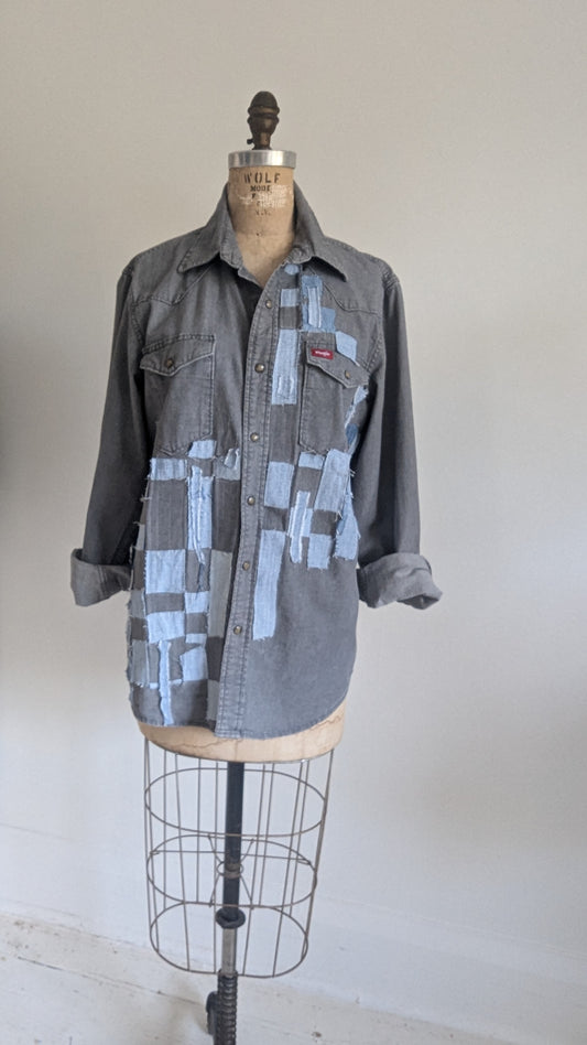 Upcycled Wrangler Grey Denim Shirt with Woven frayed Denim & Topstitching Size M/L #DEN7