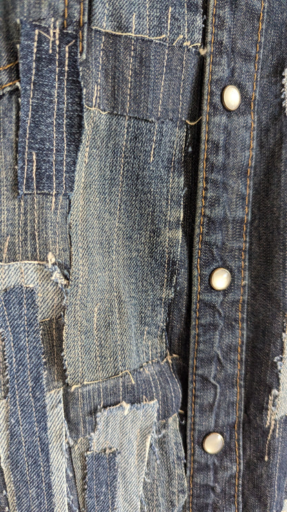 Upcycled Jean Shirt with Woven frayed Denim & Topstitching Size M/L #DEN5