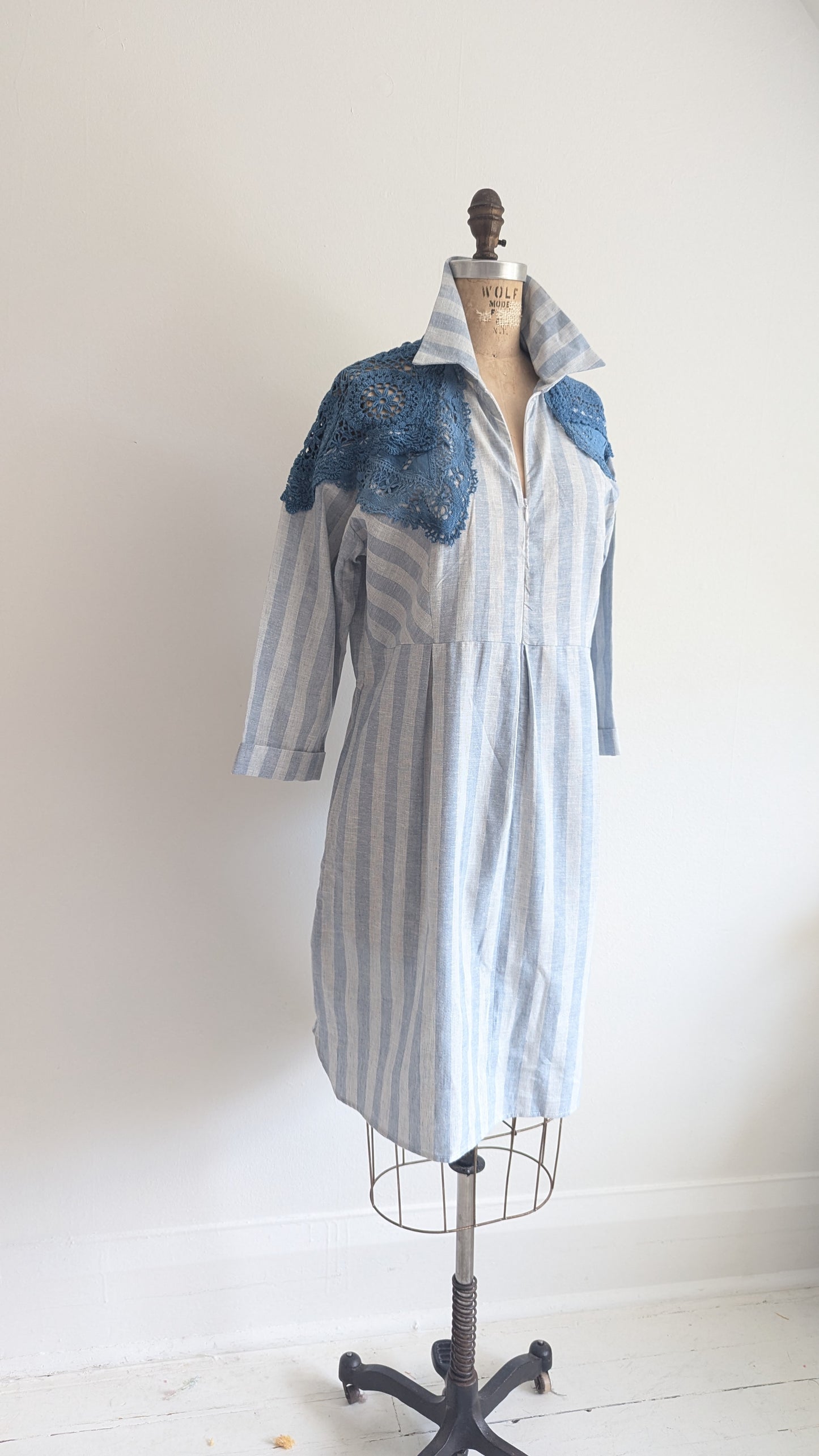 Amelie Linen & Cotton Shirt Dress with Indigo Dyed Vintage Doily Upper Size L #AME3