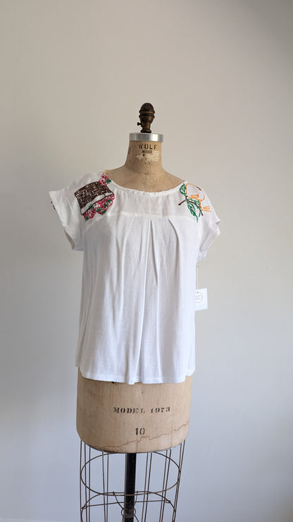 Peony Top - One of a Kind Upcycled Vintage Needlepoint & Linen Size M #PEO10