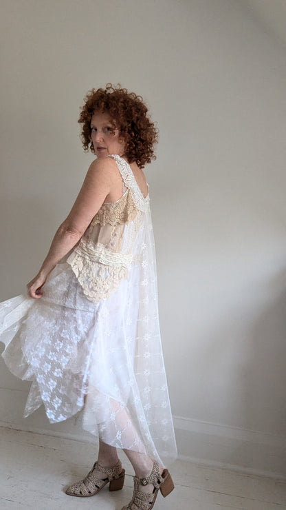 Upcycled Slip Dress with Draped Vintage Lace & Trims Size L/XL #LACE1