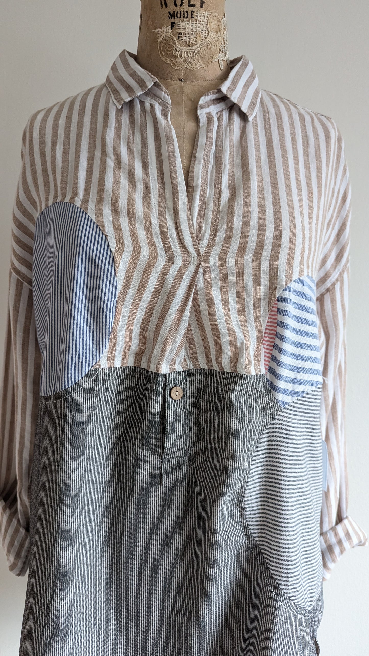 Upcycled Modern Workwear Pinstripe Shirt - Circle Series Size M/L #PIN3