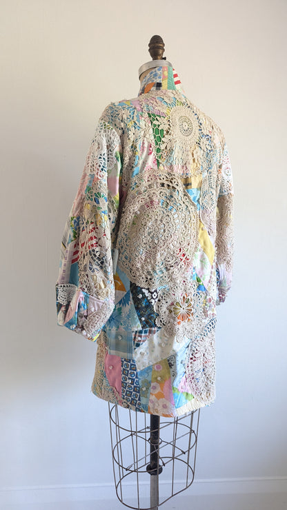 Vivianne Jacket Upcycled Antique Handmade Quilt with Doily Overlay Size S/M #VIVQ17