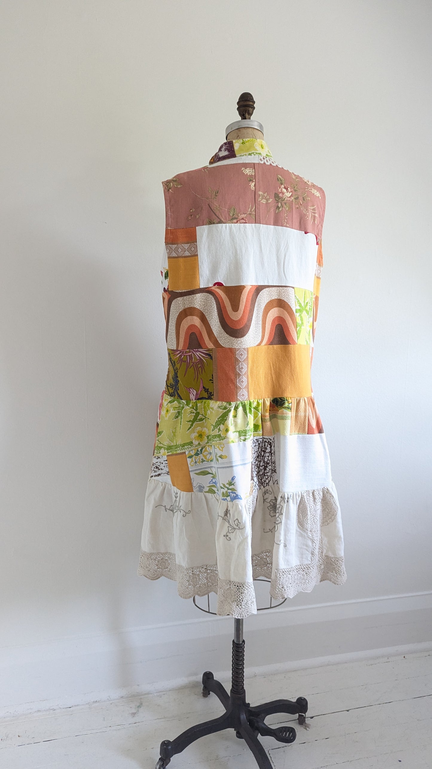 Carrie Dress - One of a Kind Upcycled & Vintage Cotton & Linen & Cut Lace Size L/XL #CAR12