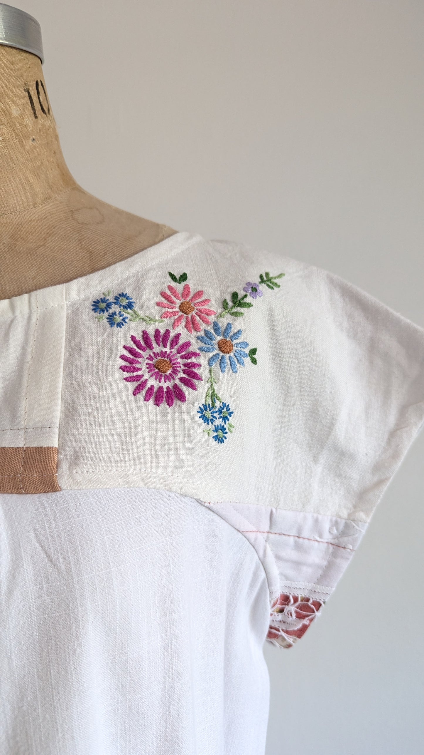 Peony Top - One of a Kind Upcycled Vintage Battenberg Lace, Needlepoint, Cotton & Linen Size XL #PEO22