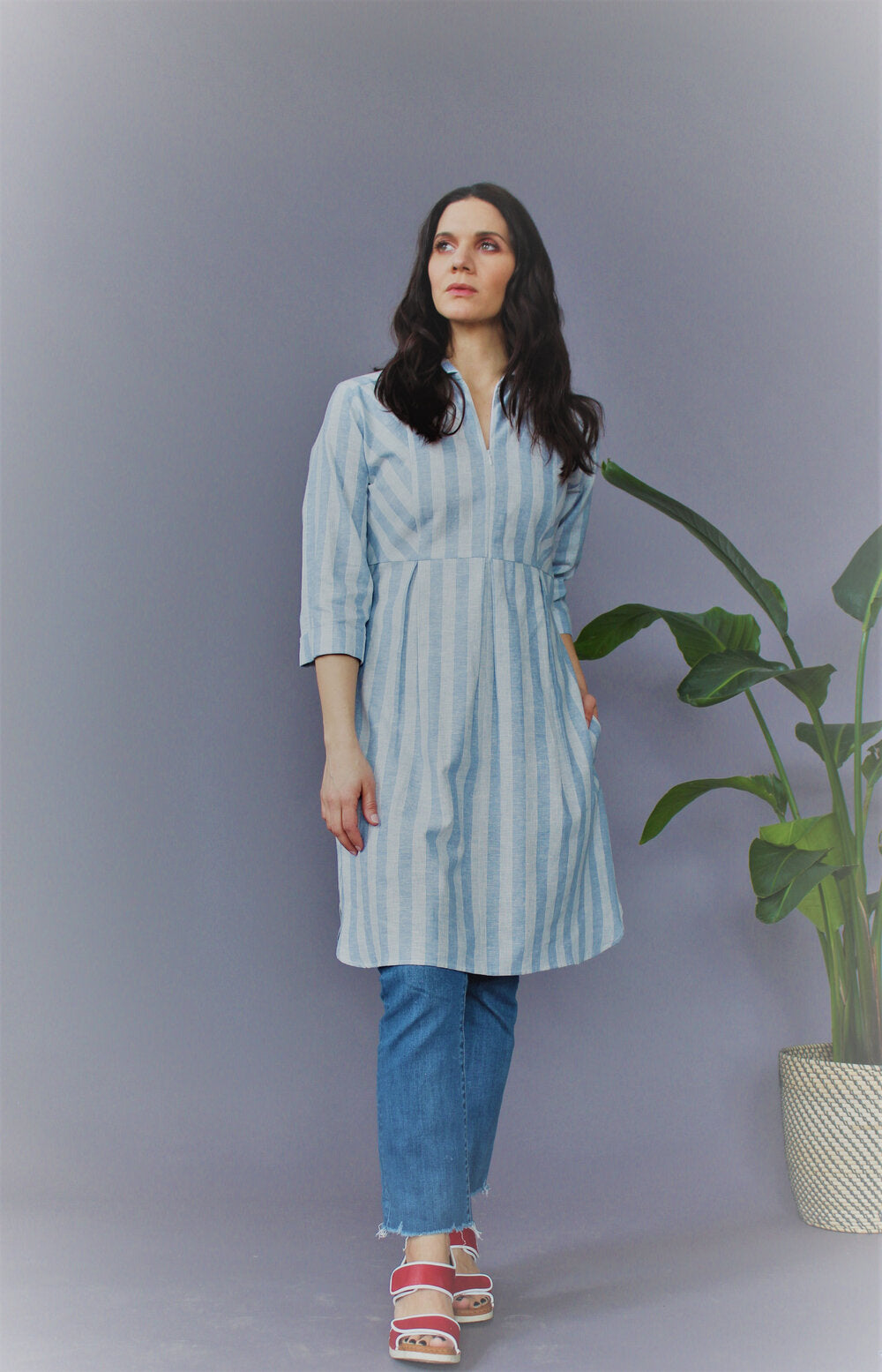 Amelie Shirt Dress ~ Blue Linen & Cotton Stripe #AME2