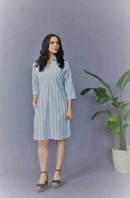 Amelie Linen & Cotton Shirt Dress with Indigo Dyed Vintage Doily Upper Size L #AME3