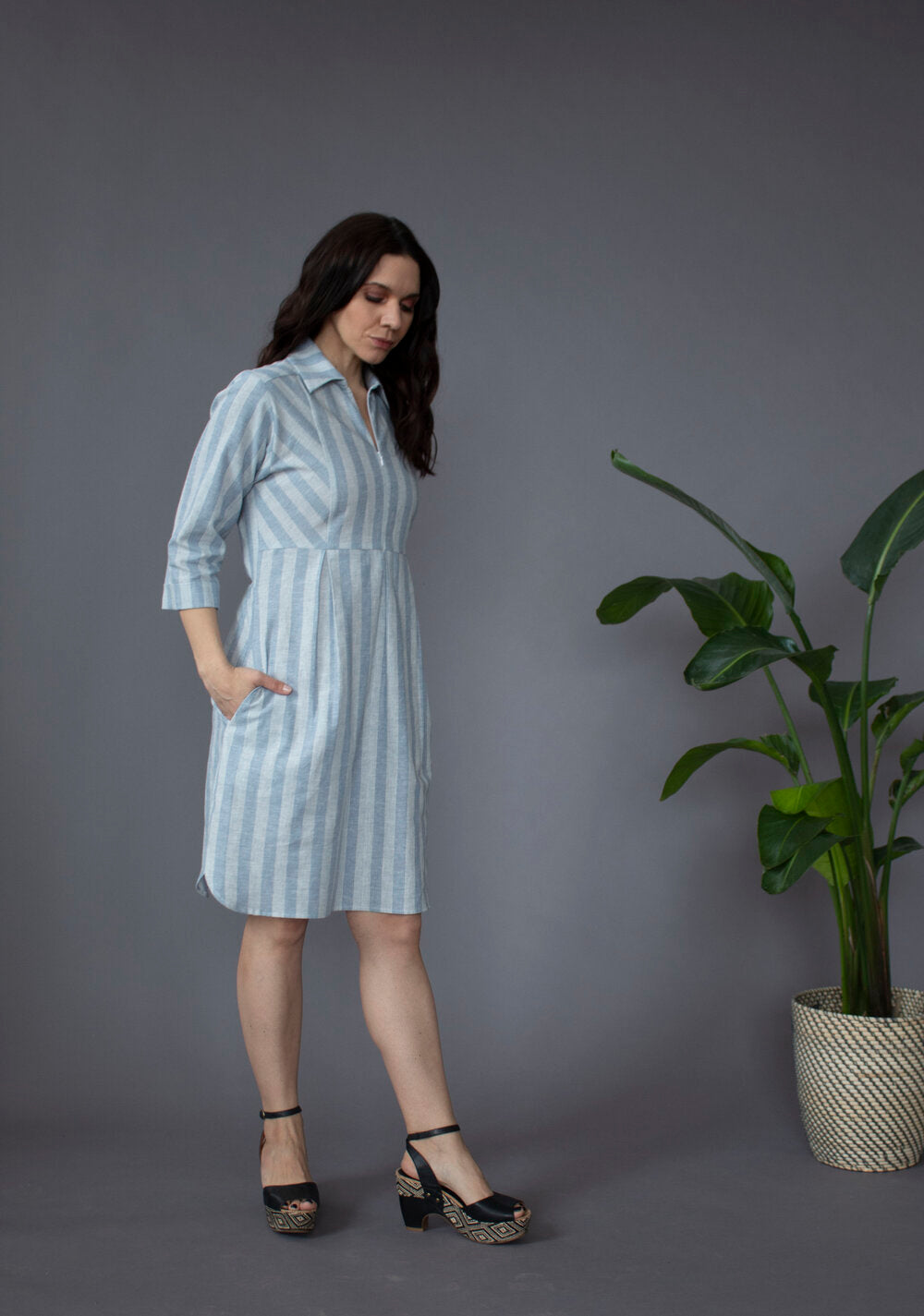 Amelie Shirt Dress ~ Blue Linen & Cotton Stripe #AME2