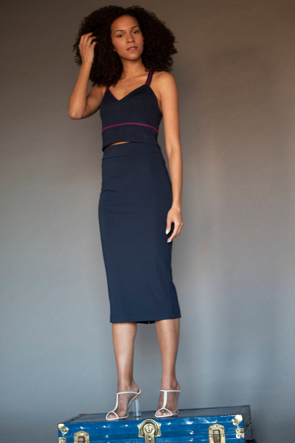 Navy blue zipper pencil skirt hotsell