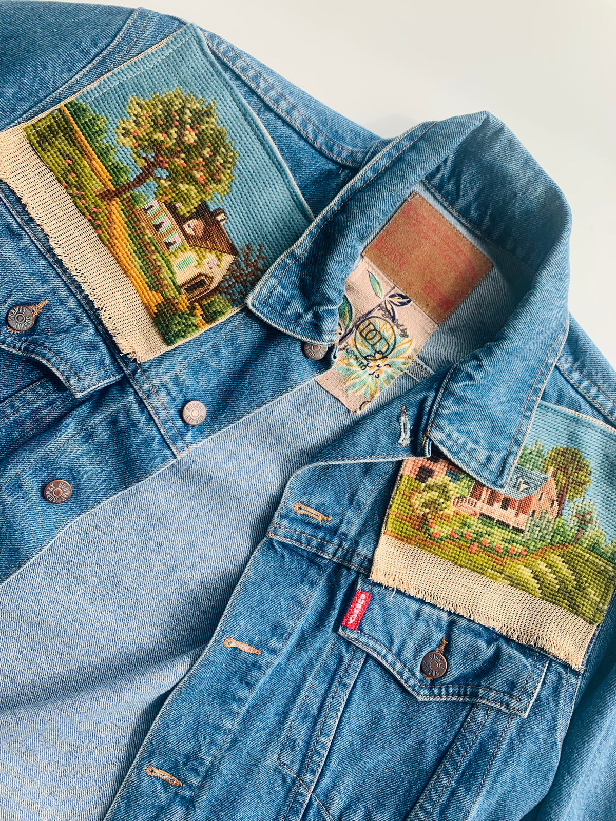 Upcycled Jean Jacket with Vintage Needlepoint Size M/L – Diana