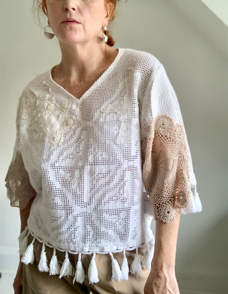 Doily Top with Upcycled Vintage Linens & Crocheted Pieces Size XS