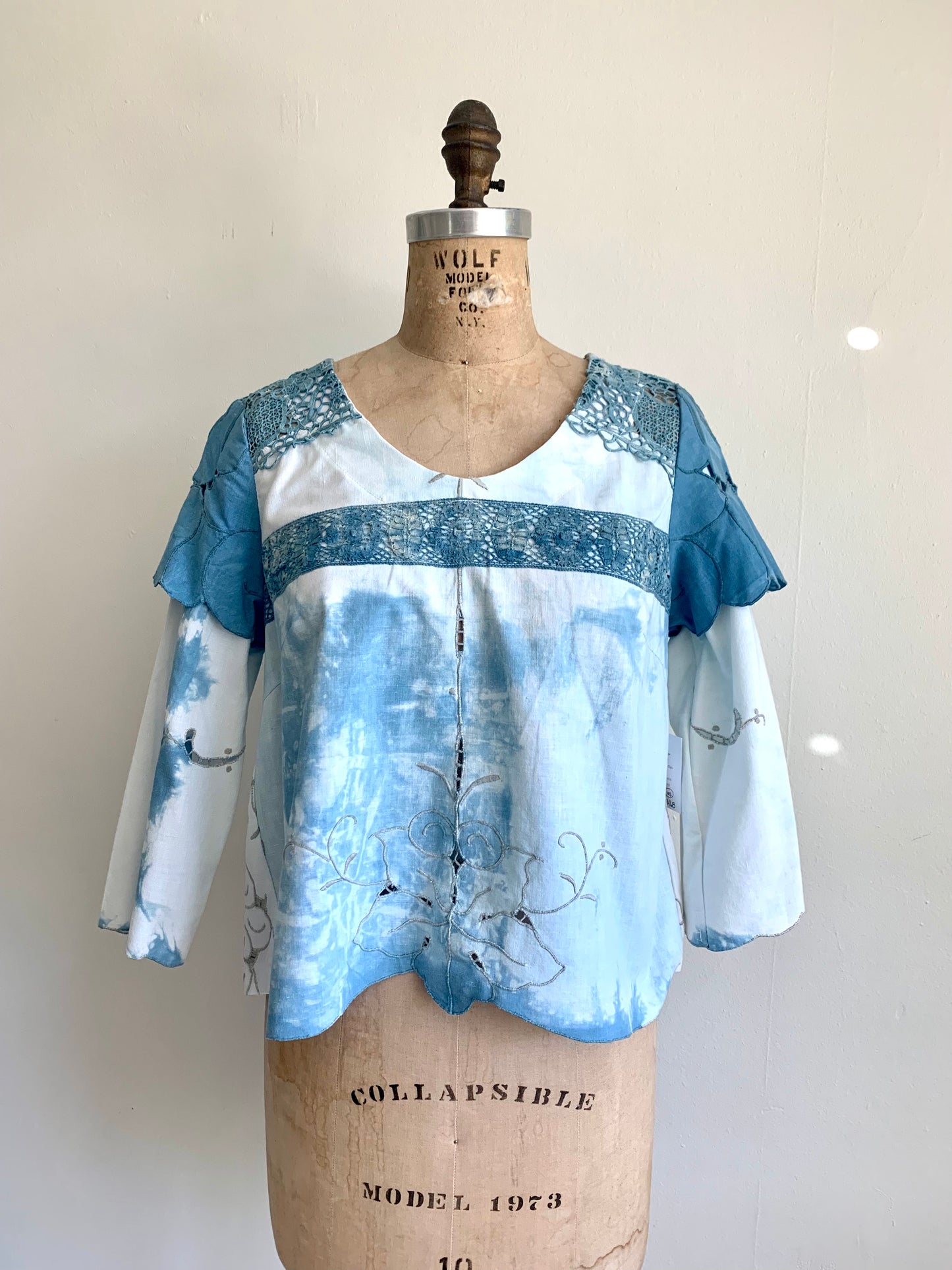 Aster Top with Upcycled Indigo Dyed Cotton Cut Lace Size XS #AST11