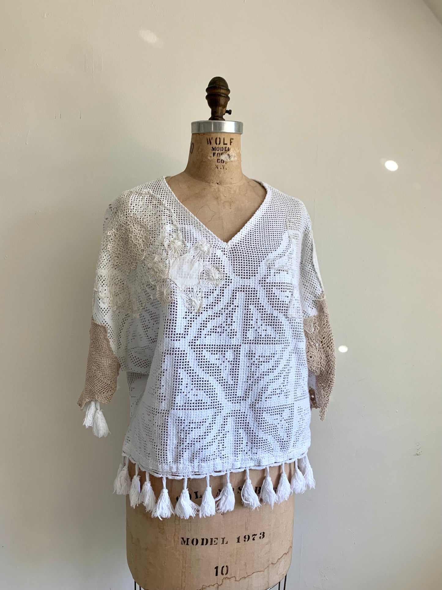 Doily Top with Upcycled Vintage Linens & Crocheted Pieces Size XS/M #KYMC7