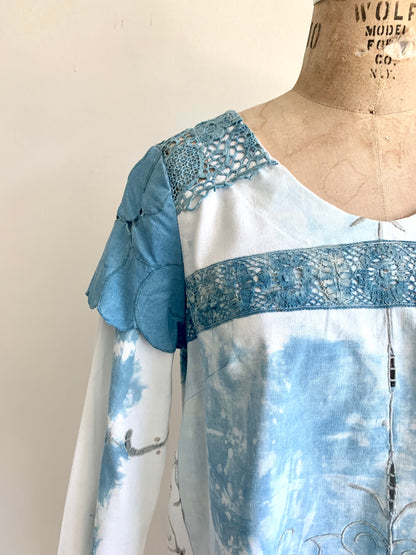 Aster Top with Upcycled Indigo Dyed Cotton Cut Lace Size XS #AST11