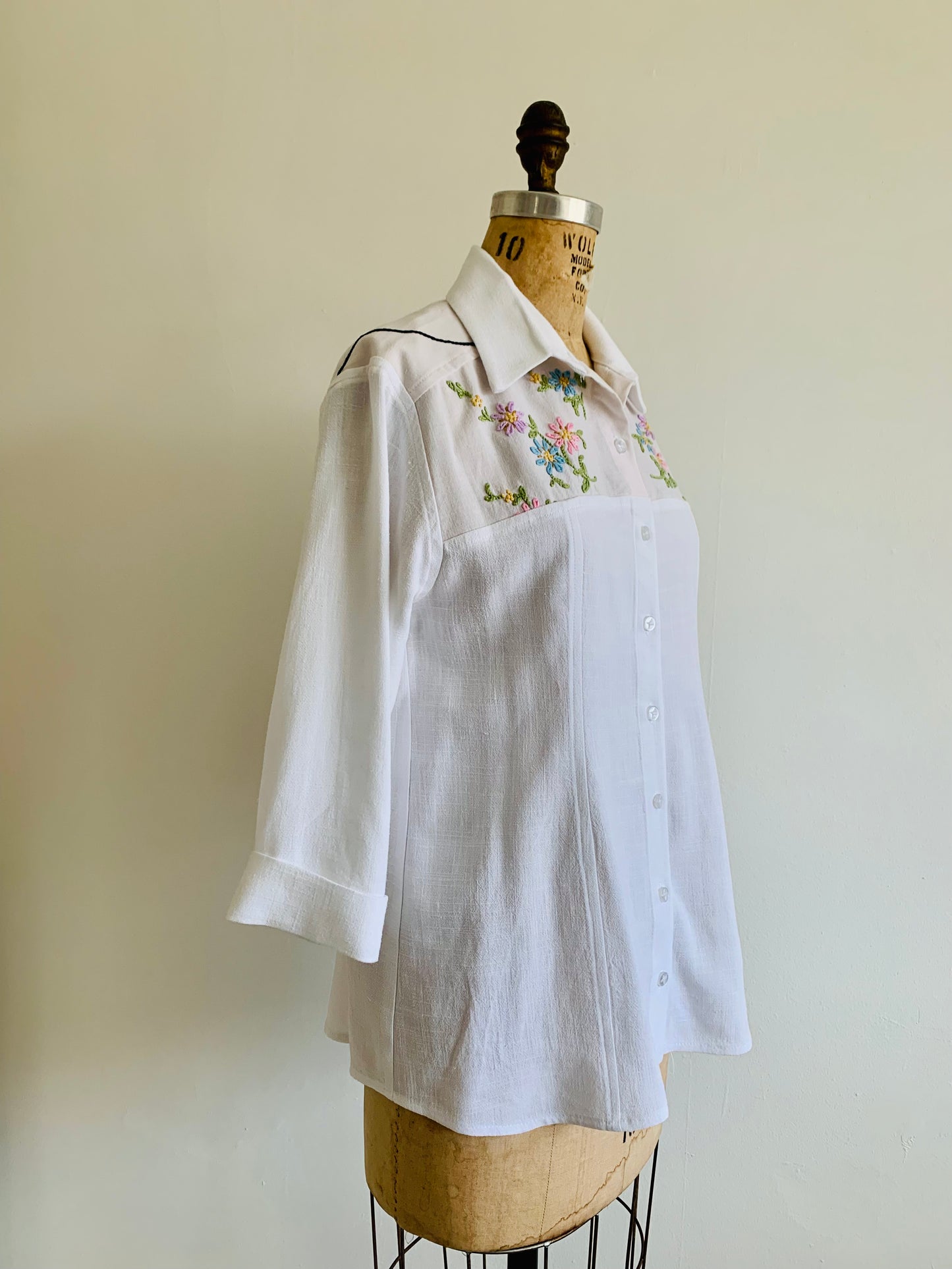 Lauren Button Down Shirt with Upcycled Vintage Yoke Size S #LAUBWH1