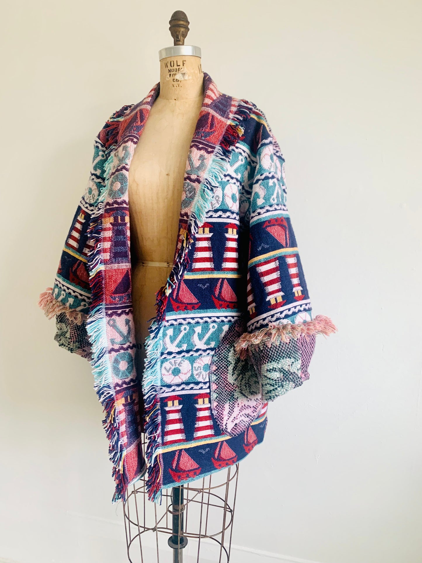 Vivianne Jacket with Upcycled Cotton Throw Marina Lighthouse Theme Size S/M #VIVC14