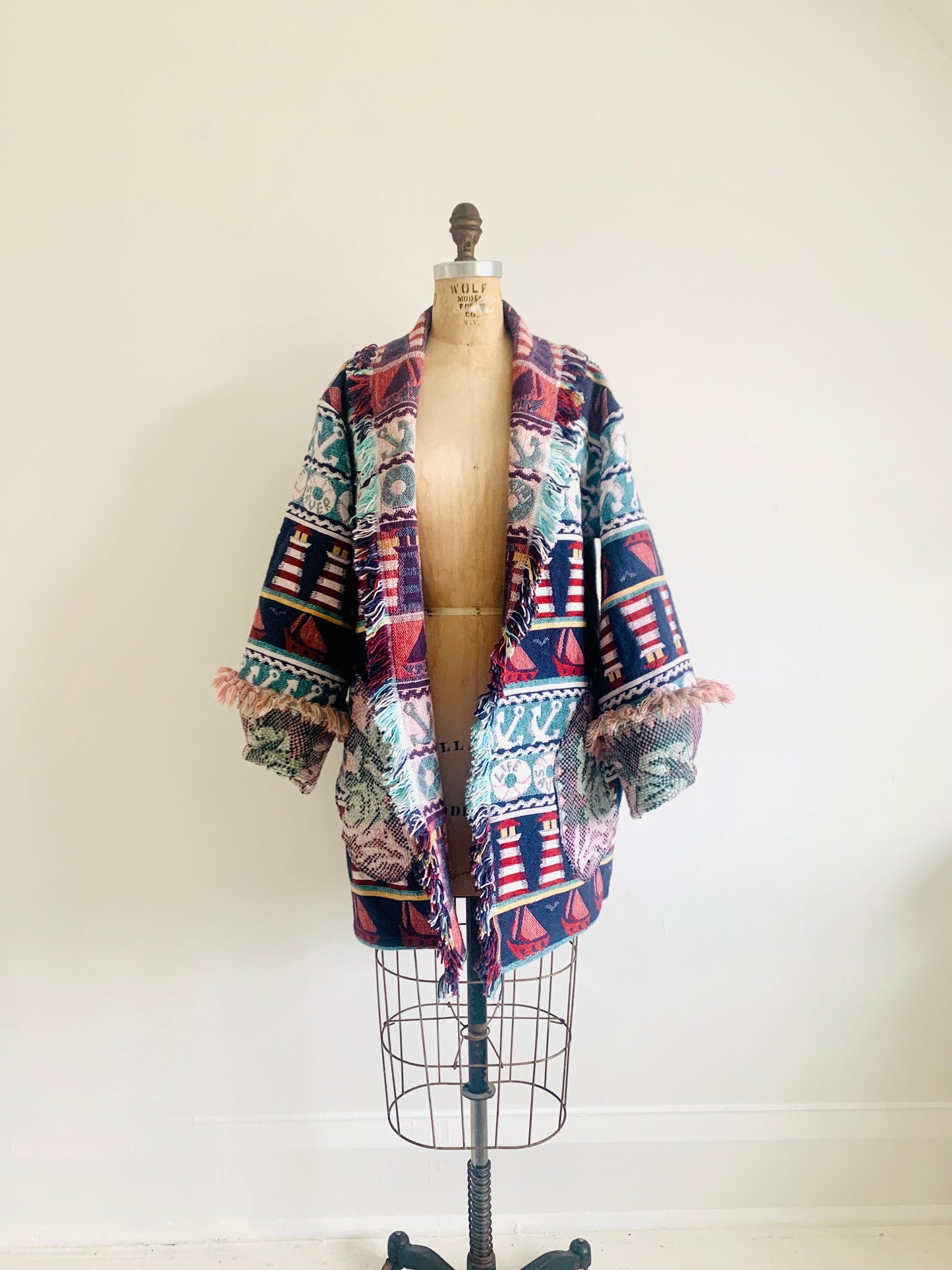 Vivianne Jacket with Upcycled Cotton Throw Marina Lighthouse Theme Size S/M #VIVC14