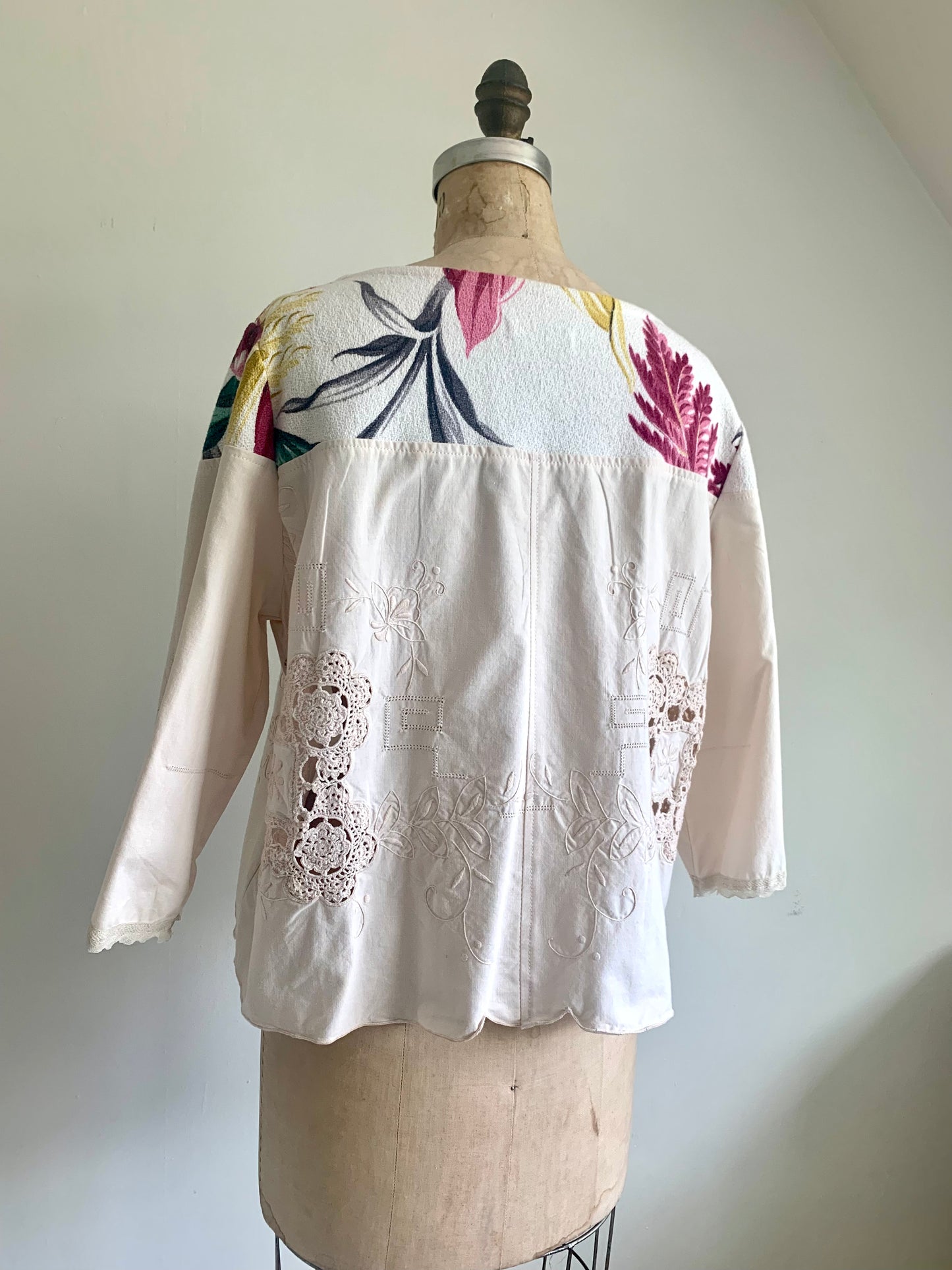 Aster Top with Upcycled Embroidered and Crocheted Cotton & Vintage Barkcloth Size L #AST7